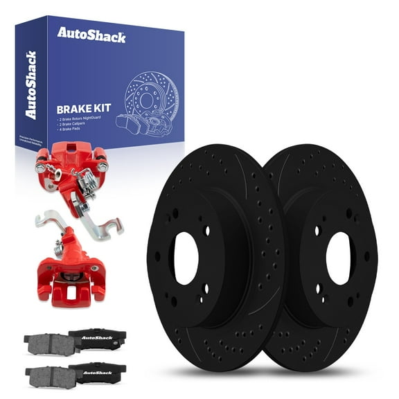 AutoShack Rear Drilled & Slotted Brake Rotors Ceramic Brake Pads Calipers Red | Replacement for 2015 Honda Civic 2016-2018 Acura ILX 1.8L 2.4L FWD | Black E-Coated | 8-PC Brake Kit | NightGuard