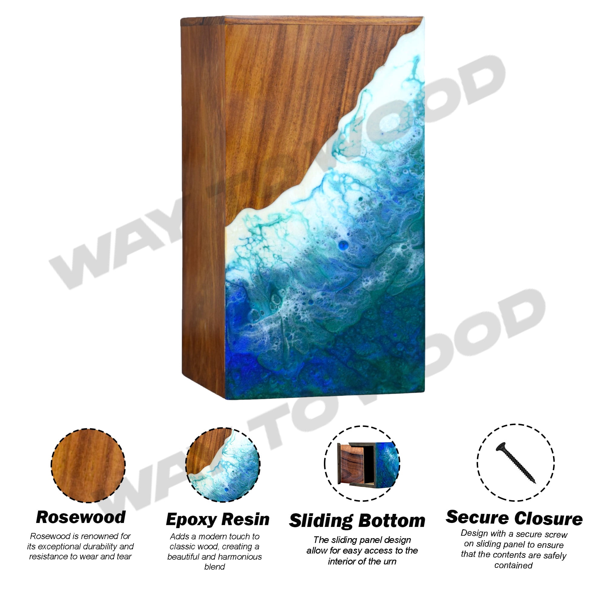 Wooden Urn for Human Ashes Adults, Male/Female - Handcrafted Urns with Ocean Resin Inlay - Unique Memorial Urn for Ashes - Cremation Urns for Burial or Home Display