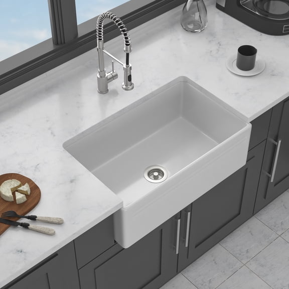 Acpouw 30" White Farmhouse Sink - 30 x 18 x 10 inch Kitchen Sink Apron-front White Porcelain Ceramic Reversible Single Bowl Kitchen Farm Sinks