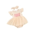 thumbnail image 1 of EYIIYE Barboteuse-Robe d'Anniversaire pour Bébés Filles, Robe de Princesse d'Été pour Nouveau-Né, Combinaison à Manches Volantées, Barboteuses avec Broderie de Lettres, Robe Justaucorps à Col Ras du Cou avec Bandeau, Vêtements Décontractés et Mignons pour Tout-Petits, 1 of 9