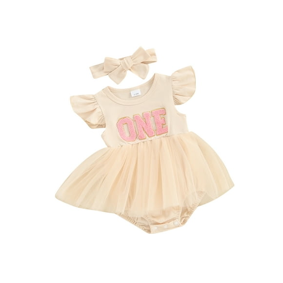 EYIIYE Barboteuse-Robe d'Anniversaire pour Bébés Filles, Robe de Princesse d'Été pour Nouveau-Né, Combinaison à Manches Volantées, Barboteuses avec Broderie de Lettres, Robe Justaucorps à Col Ras du Cou avec Bandeau, Vêtements Décontractés et Mignons pour Tout-Petits