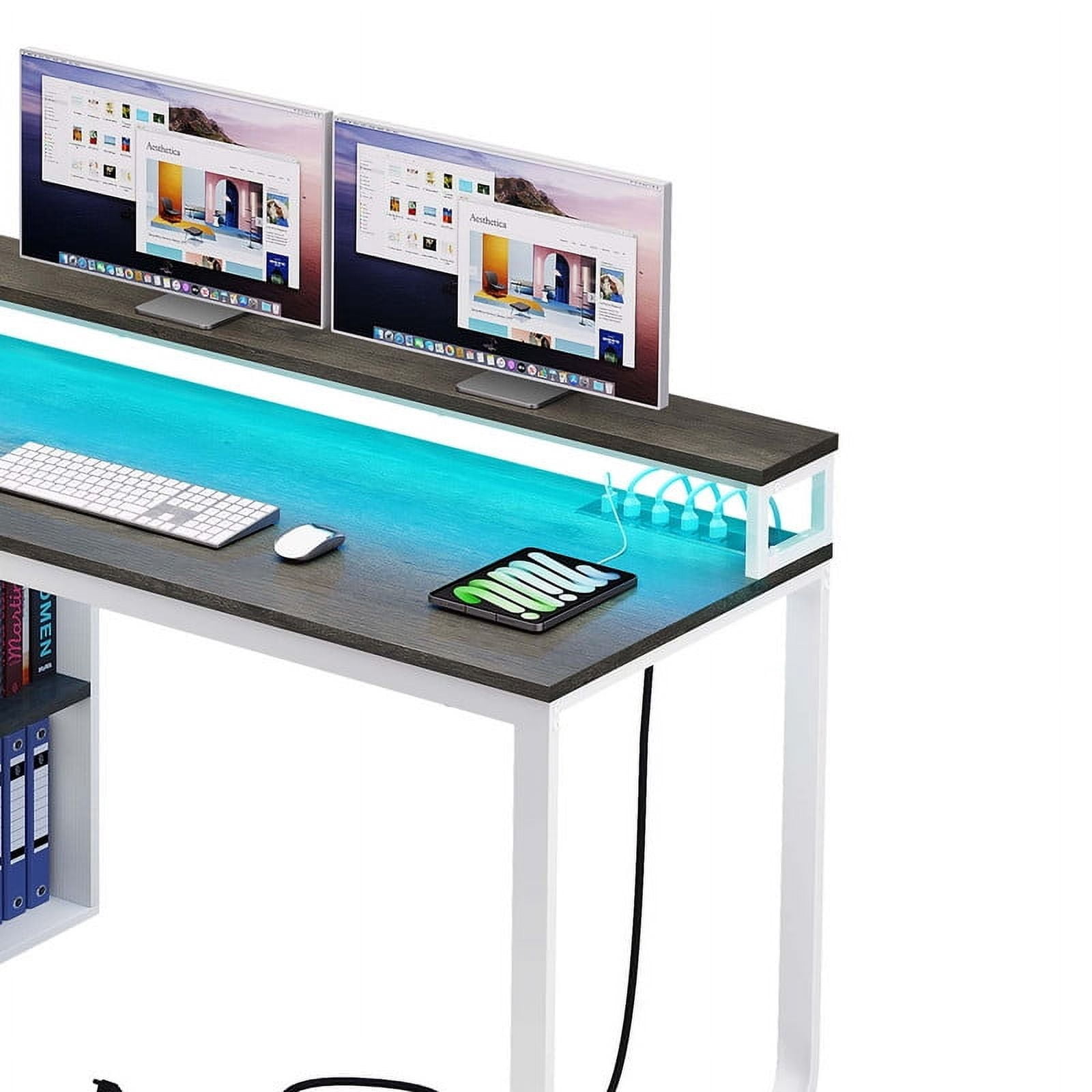 Uforic 55"L Shaped Desk with LED Light, Computer Desk Corner Desk Office Desk Executive Desk, Gray & White