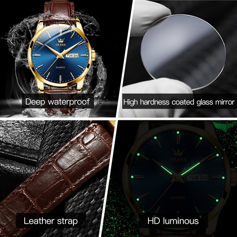 OLEVS Mens Watches,Brown Leather Watch for Men,Gold Case Analog Quartz Fashion Business Dress Watch Day Date Luminous Waterproof Casual Male Wrist Watches Reloj para Hombre