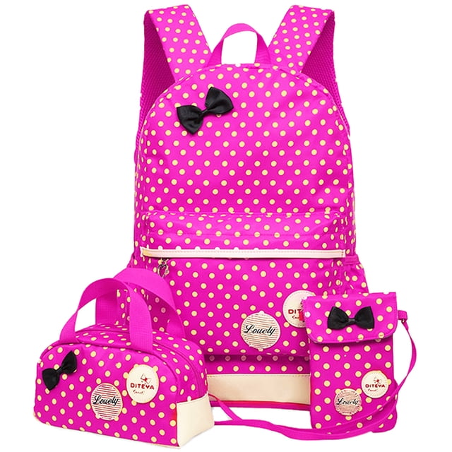 Children Kids 3 Pieces Dots Lightweight Nylon Backpack Schoolbag Set(Rosy)
