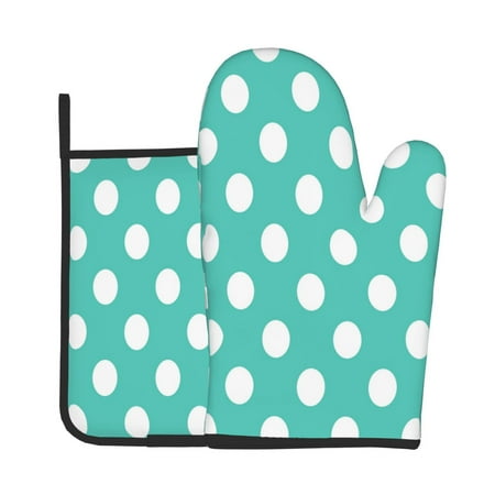 

Xecao Teal Turquoise And White Polka Dot Pattern Oven Mitts and Pot Holders Sets Heat Resistant Silicone Oven Mittens Extra Thicken Long Kitchen Cotton Oven Glove for Cooking