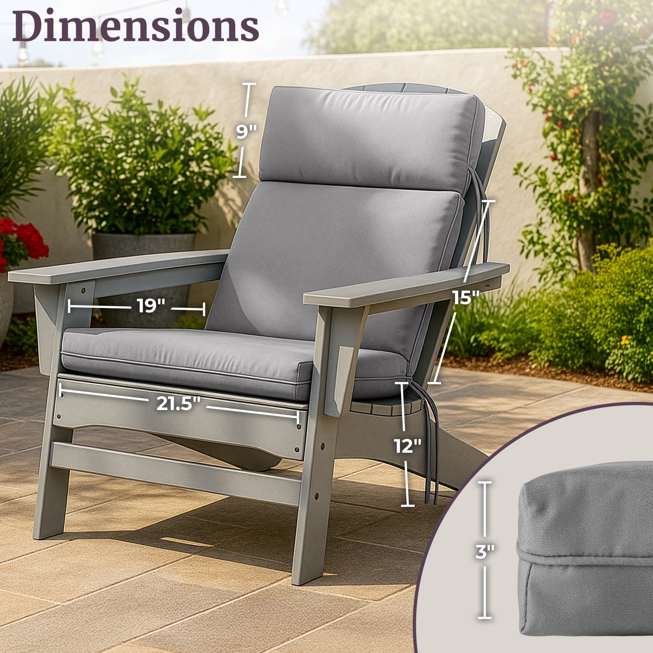Lavish Home 45x21.5x3in High Back Outdoor Chair Cushion with Ties (Gray)