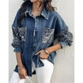 thumbnail image 3 of Chaqueta vaquera informal for mujer con lentejuelas en contraste, manga larga y diamantes de imitación., 3 of 7