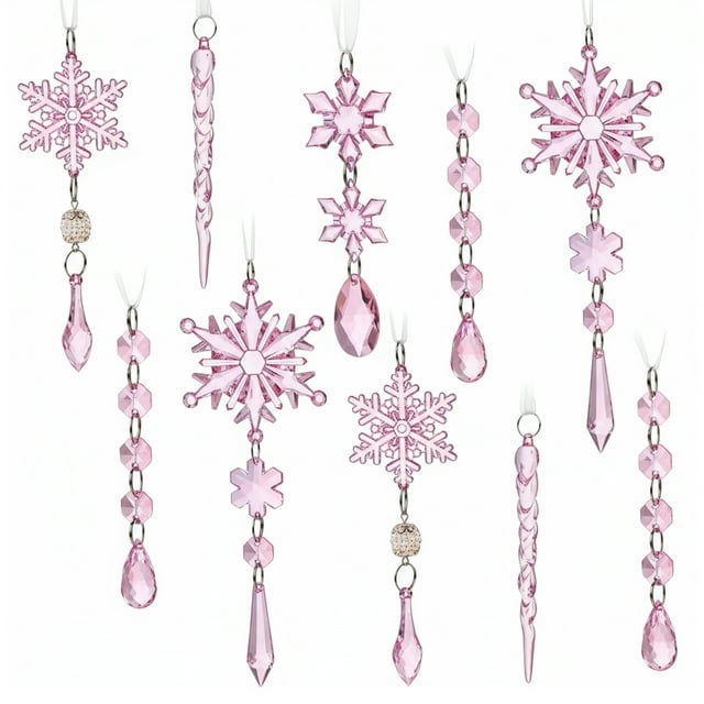Bewildely 18 Uds. De adornos de cristal deslumbrantes acrílicos y guirnaldas de carámbanos para impresionantes adornos de carámbanos de árbol Kits de decoración para fiestas rosa