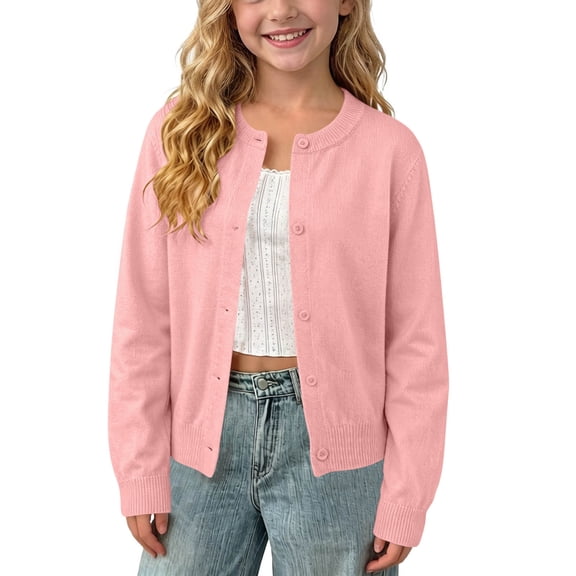 Mooqilaa Girls Cardigan Sweaters, Fall Long Sleeve Crewneck Lightweight Kids Knitted Cardigans Pink Size 10-12