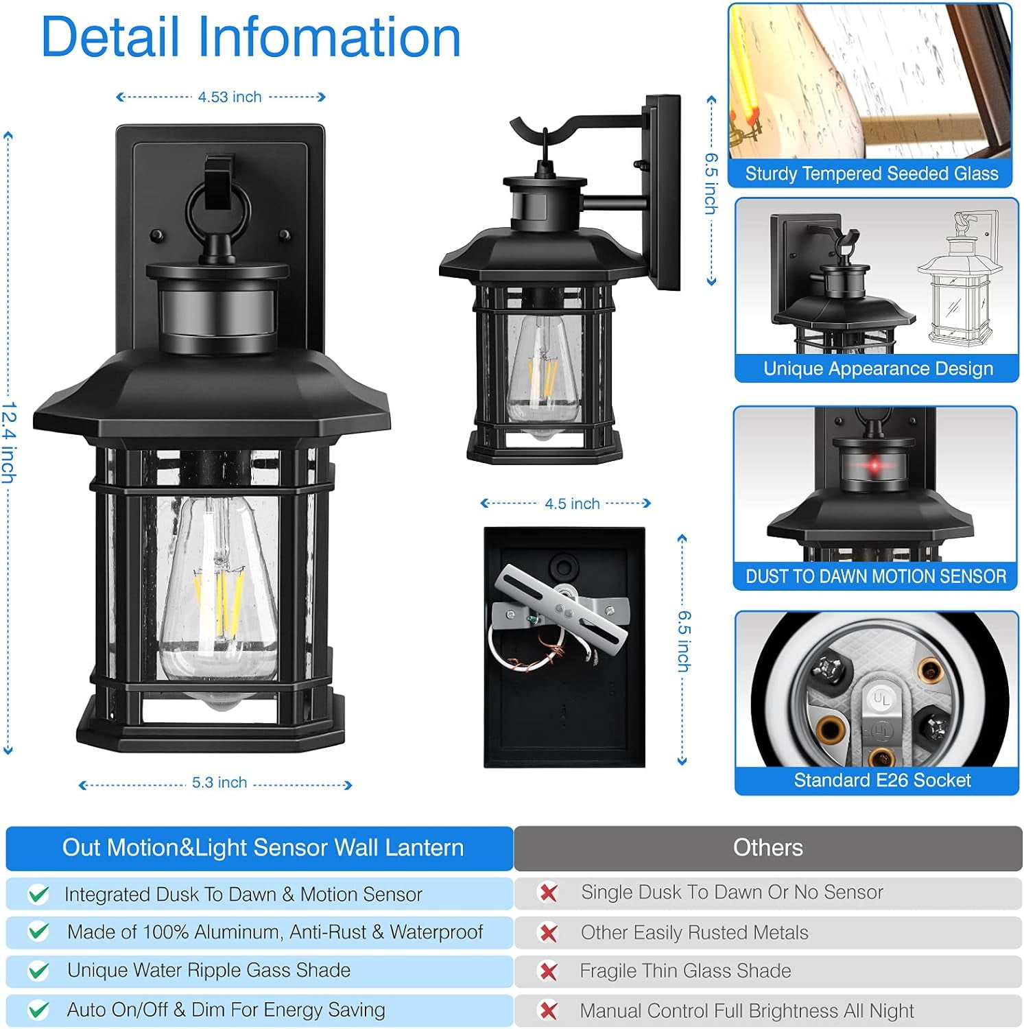 VIANIS Outdoor Wall Lantern With Motion Sensor, Dusk To Dawn Modern Exterior Porch Lights, Black 100% Aluminum Outdoor Wall Light For Garage Backyard