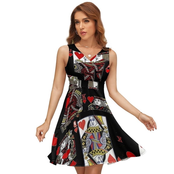 BLACK COLOR CASINO SUITES HEARTS PATTERNS Dress Summer Street Style Dresses Female Sleeveless Printed Sundress