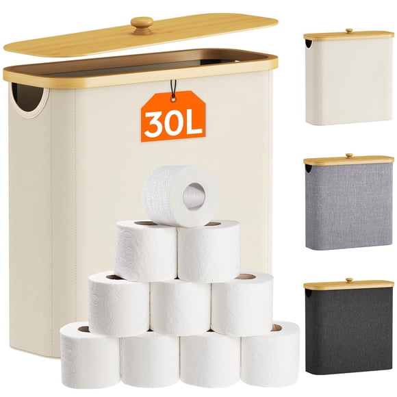 Lifewit Toilet Paper Storage Holder for 12 to 16 Rolls, Free Standing Toilet Paper Basket Stand with Bamboo Lid, Collapsible Fabric Bathroom Organize