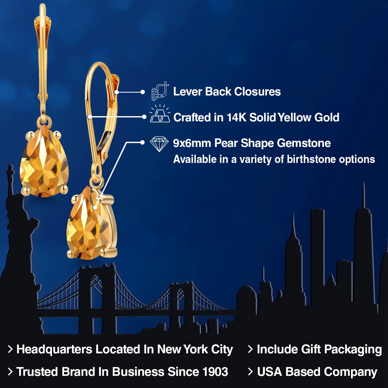 Gem Stone King 14K Yellow Gold Yellow Citrine Earrings for Women | 2.14 Cttw | Gemstone November Birthstone | Pear Shape 9X6MM