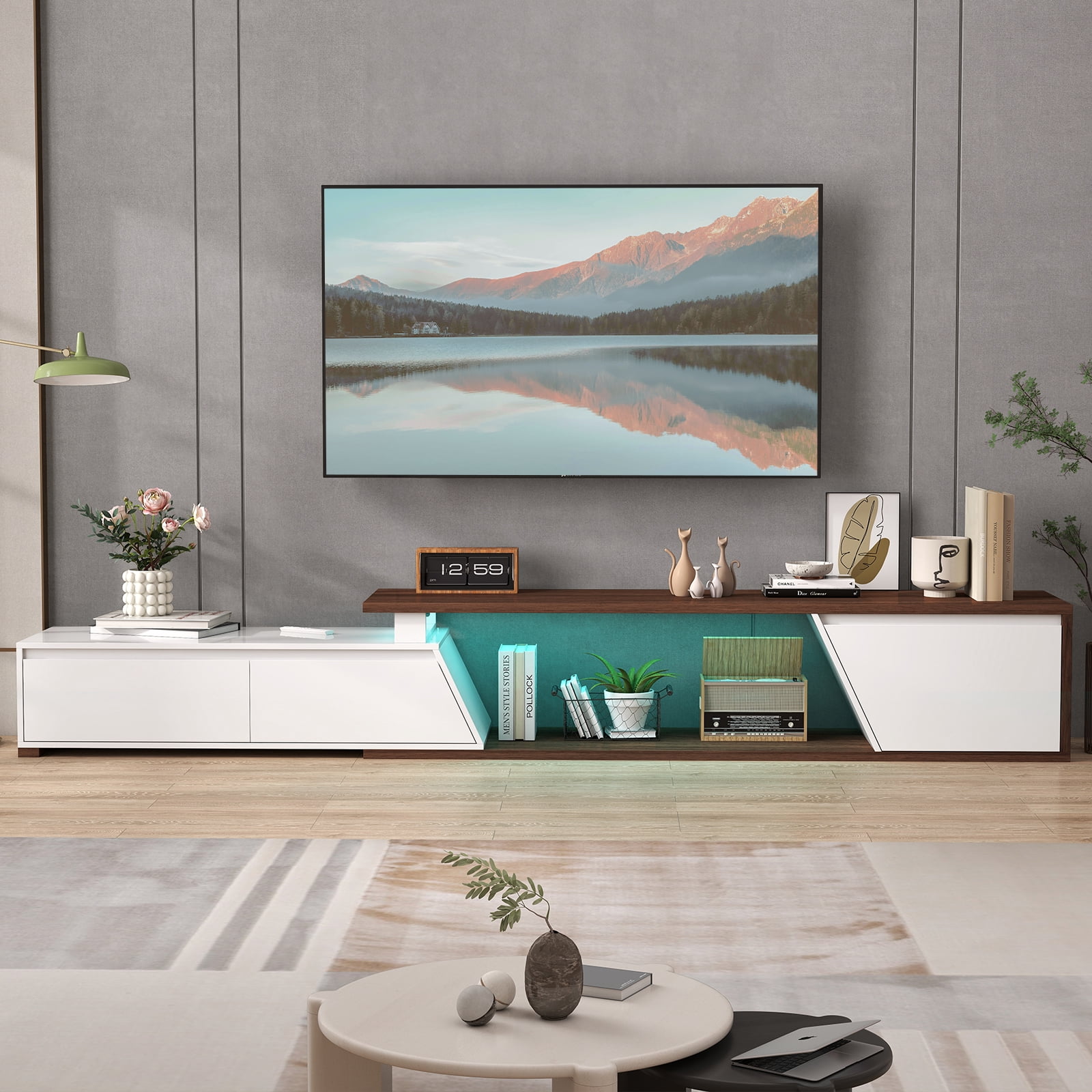 JOIVI Extendable LED TV Stand, Modern Entertainment Center with 2 Drawers, Sliding Tabletop Media Console with Storage Cabinet for Living Room, 71.0" - 106.3", White