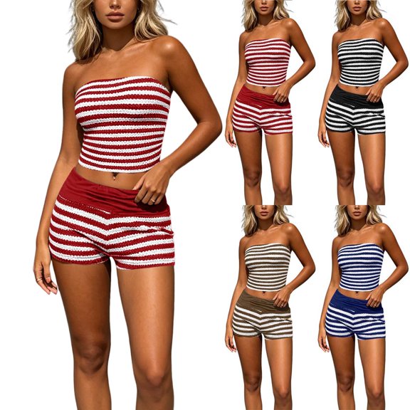 DYTTDG Slim Fit Women's Striped Knit 2 Piece Outfit | Bandeau Tube Top and Elastic Waist Shorts Set for Beach and Casual Summer Wear