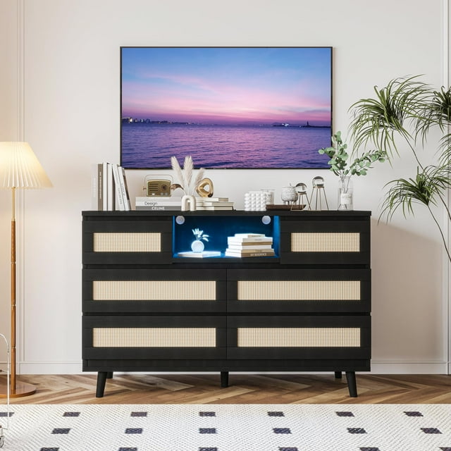 Kojooin 6-Drawer Rattan Dresser Organizer, Modern Farmhouse Chest with LED Light & Charging Station, Deep Drawers
