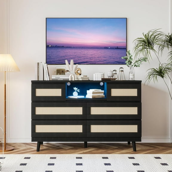 Luku 6-Drawer Rattan Dresser Organizer, Modern Farmhouse Chest with LED Light & Charging Station, Deep Drawers