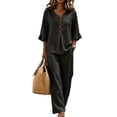 thumbnail image 3 of LEKODE Halter Neck Linen Set for Women 2 Piece Sets Ruffle Tops Short Sleeves Soft Fabric Breathable Stretchy Gauze Blouses Tops 3/4 Sleeve Casual Sets for Women Airport Travel Outfit Black XL, 3 of 4