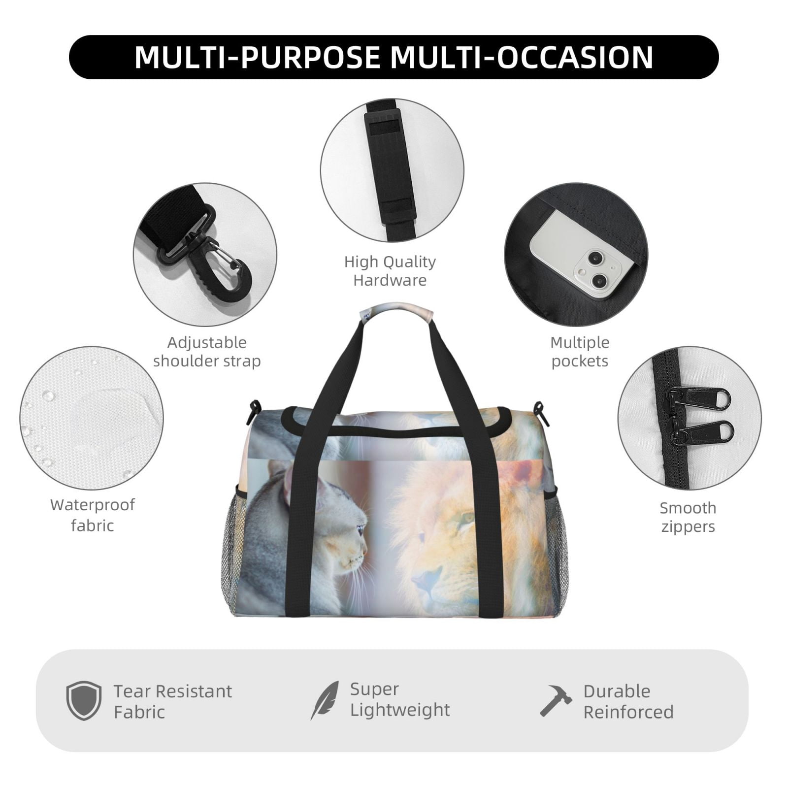 Fuzoiu The Cat Looks in the Mirror Print Travel Duffle Bag,Carry On Tote Bags,Duffel Bag,Sport Gym Bag, Hospital Bag for Labor and Delivery, Overnight Bag,Luggage Bag