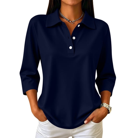 longantii Womens 3/4 Sleeve Tees Basic Slip on Campus Polo Shirts Solid Color Collared Shirts Button Teen Outfits for Business Spring Summer Blue L