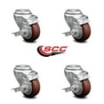thumbnail image 2 of 3.5 Inch Maroon Polyurethane Wheel Swivel Bolt Hole Caster Set with Brake SCC, 2 of 2