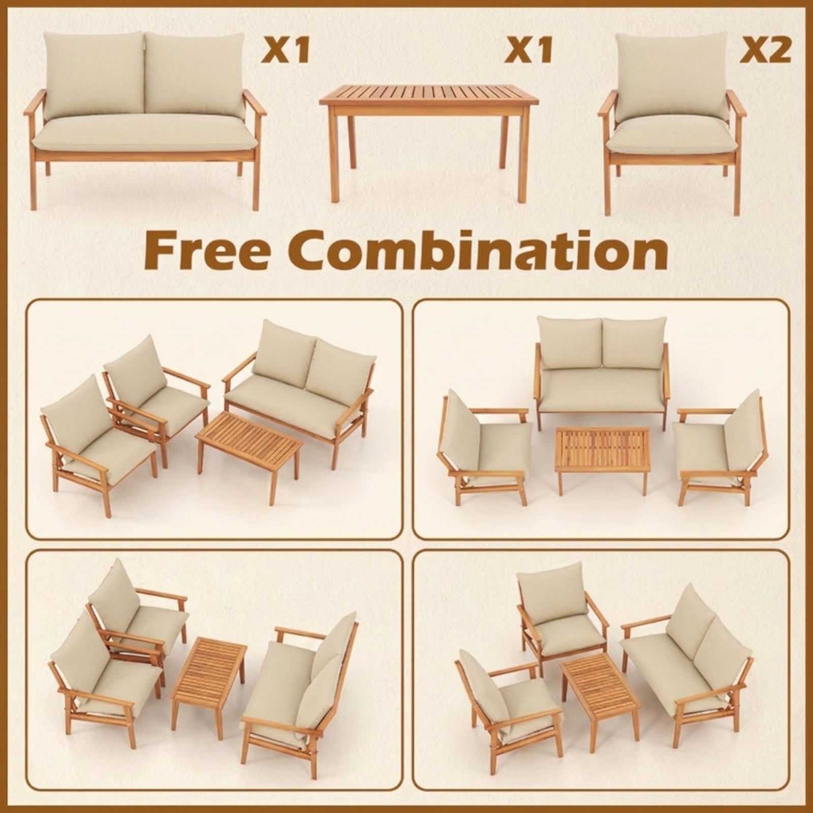 Biotree 4 Piece Outdoor Acacia Wood Conversation Set patio furniture set with soft cushions and coffee table for garden backyard and porch, White