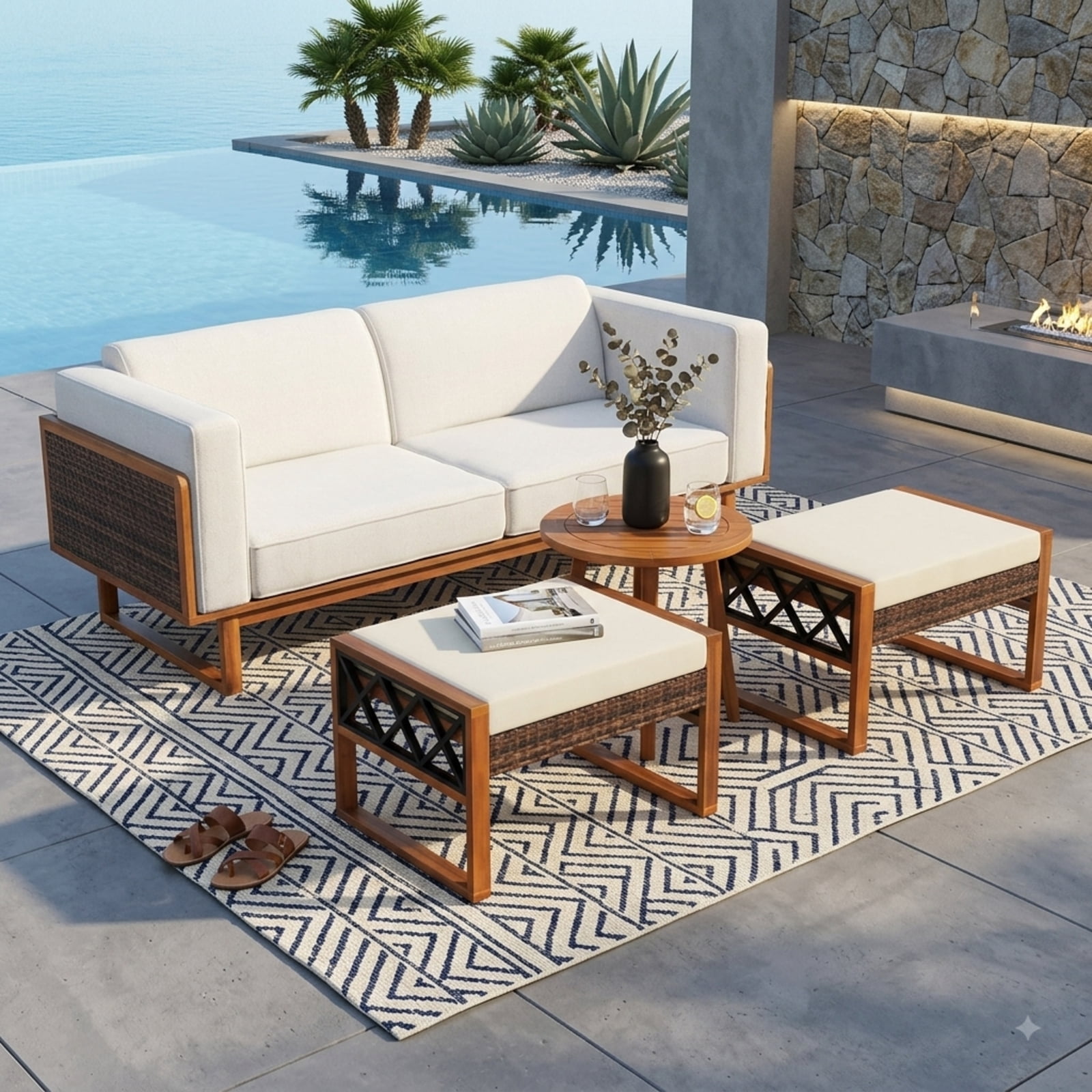 Furnibear PE Rattan Wicker Ottoman Set of 2, Outdoor Patio Footstool with Removable Cushions, Acacia Wood & Metal Frame for Garden Porch, 400 LBS, Beige