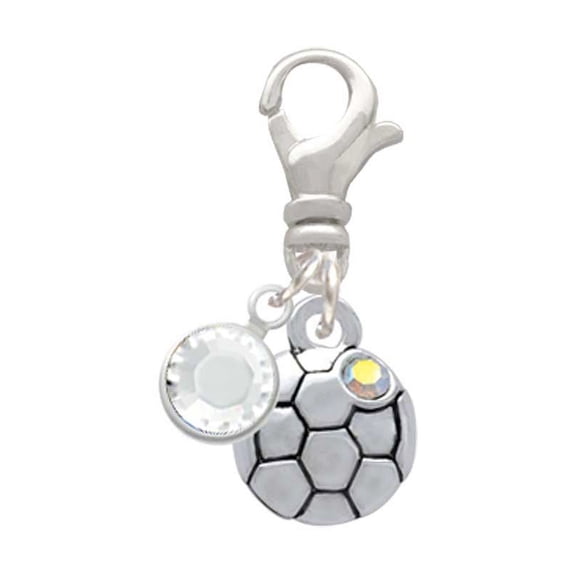 Delight Jewelry Silvertone Small Soccer ball with a AB Crystal - Silvertone Clip on Charm with Clear Crystal Drop