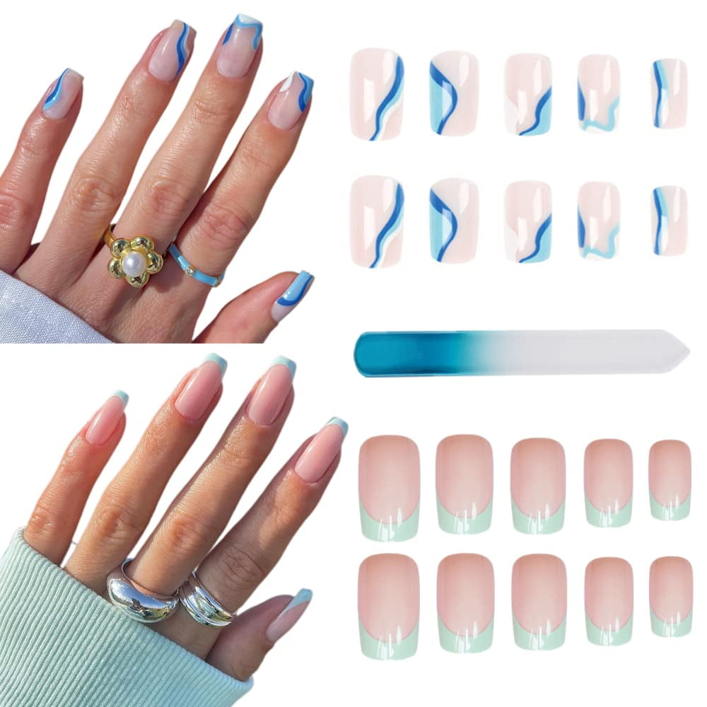 Press On Nails Short Square 48 PCS Coffin Fake Nails With Nail Glue