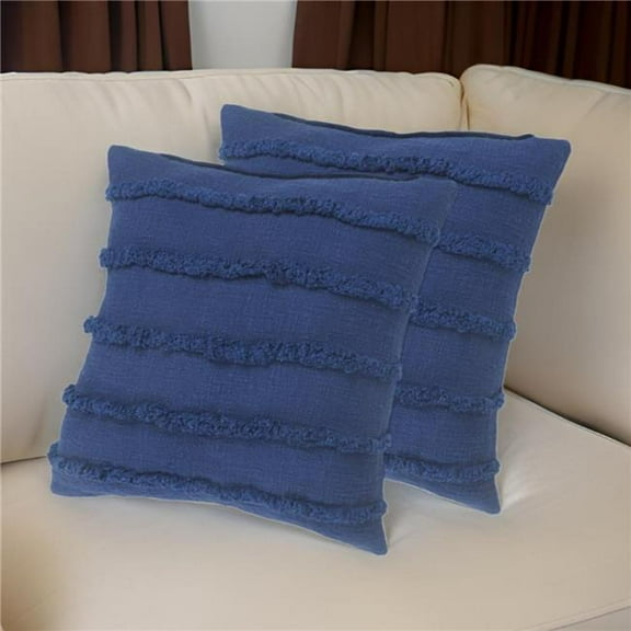 HomeRoots 554610 Navy Blue Ribbed Cotton Throw Pillow with Fringe - Set of 2