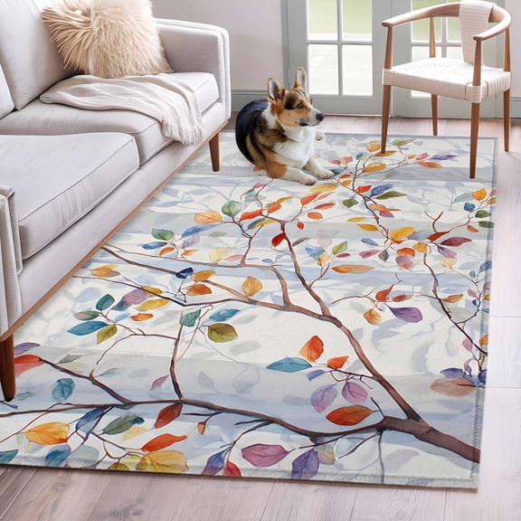 Area Rug for Living Room, Colorful Leaves Non-Slip Indoor Large Carpet for Bedroom/Dining Room, Modern Abstract Spring Nature Tree Branch Washable Low-Profile Rectangle Floor Runner Rugs - 4 x 6 Ft