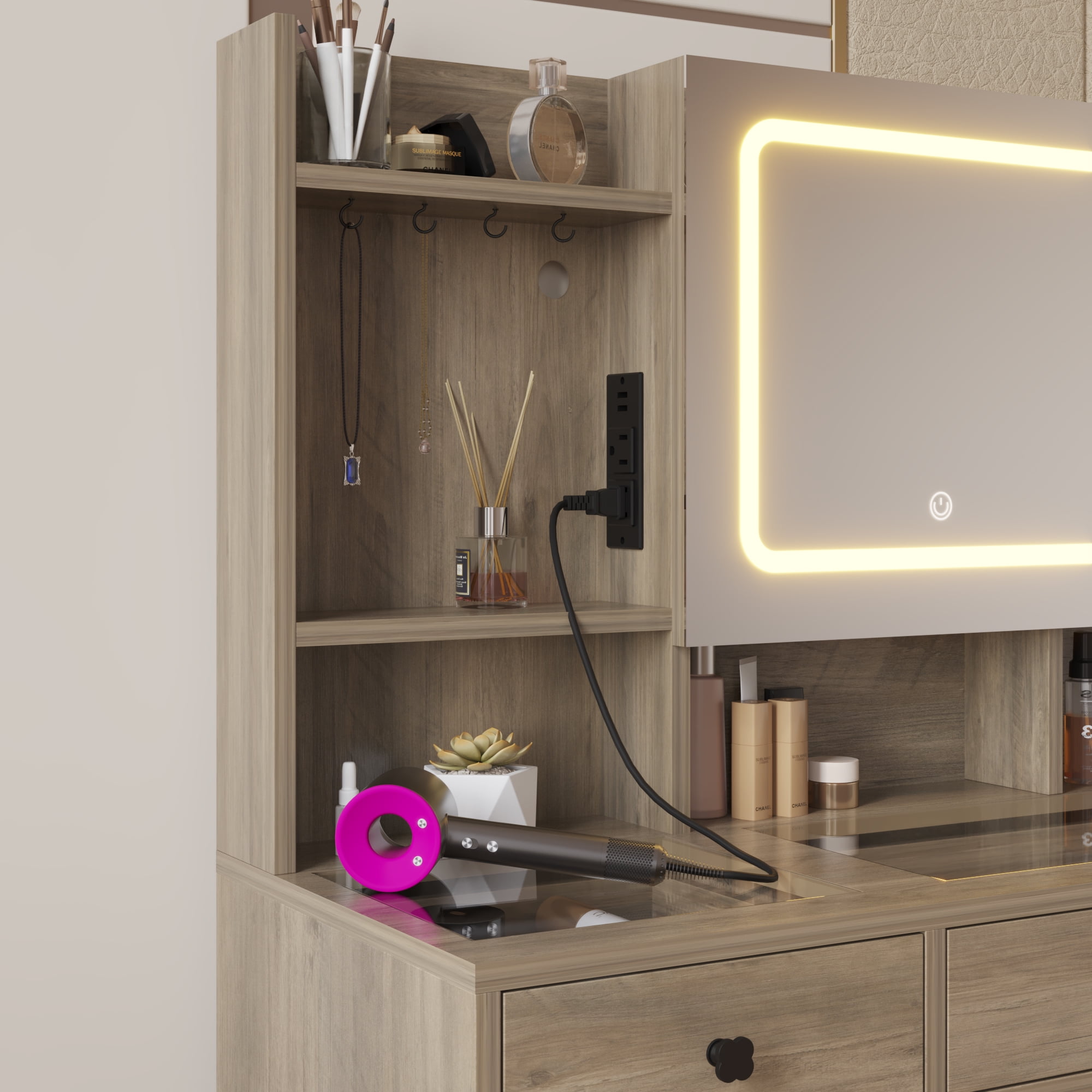 Ktaxon Large 47.2" Makeup Vanity with 3 Color Lights, Dressing Table with USB Charging Station, Gray