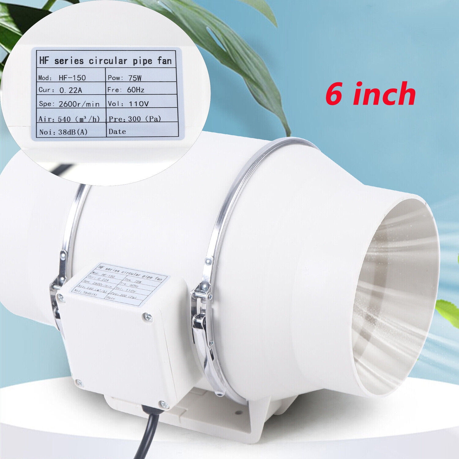 HF-150 6inch Inline Ventilation Fan Air Circulation Vent Exhaust Blower Fan 540m³/h White