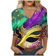thumbnail image 3 of DDAPJ pyju Mardi Gras Shirt Womens Carnival Tshirts 3/4 Sleeve Crewneck Mask Graphic Tees New Orleans Parade Custume Tops on Sale Multicolor S, 3 of 5