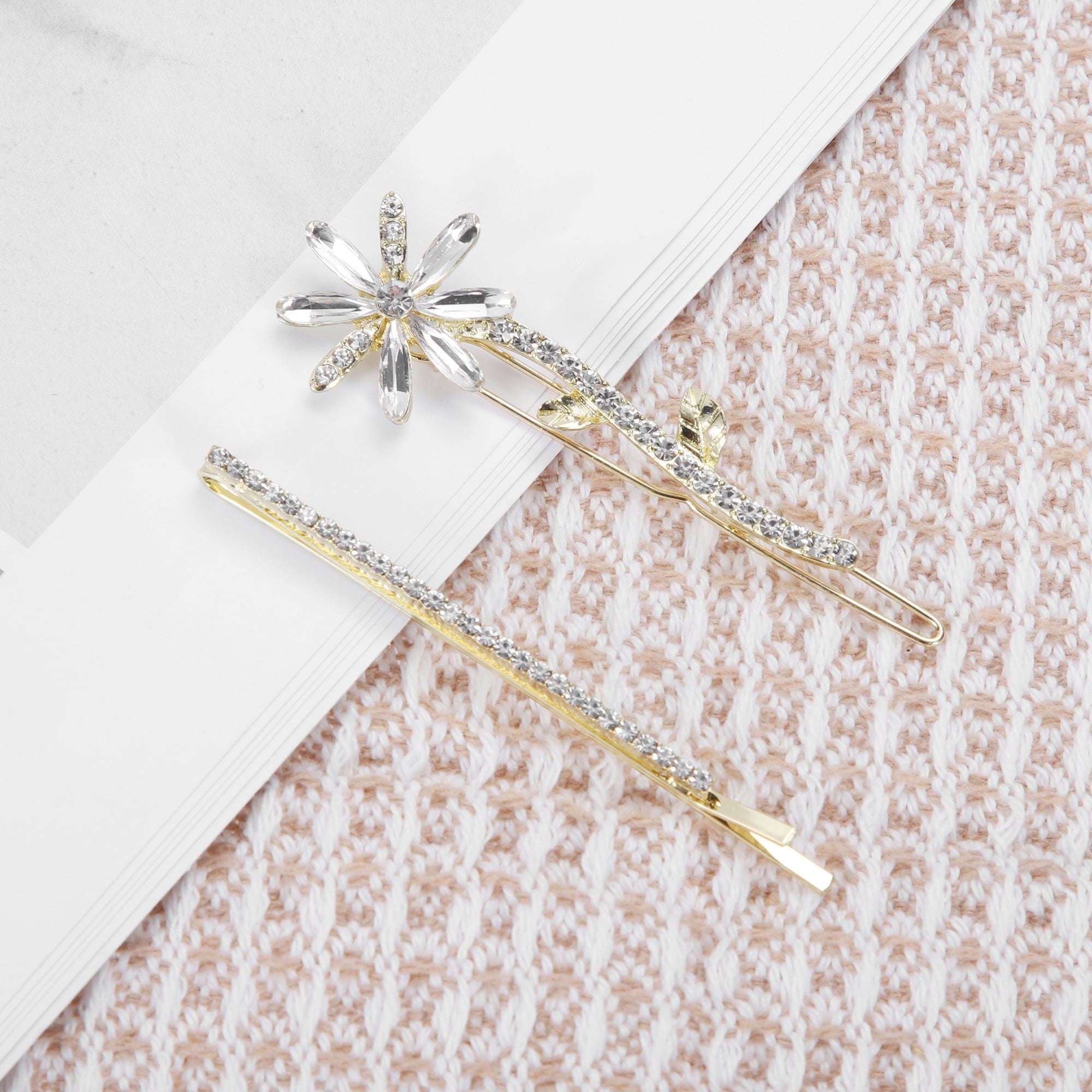 Unique Bargains 2Pcs Faux Crystal Flower Bobby Pin Gold Tone Hair Accessory