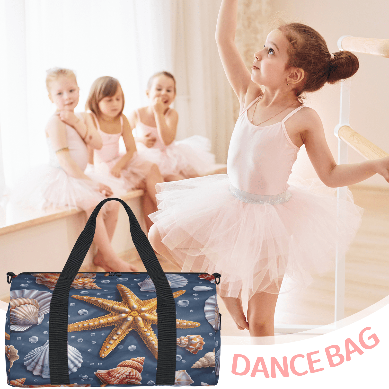 Herdesigns Starfish Gym Bag for Women, Duffle Bag for Travel Sport, Ocean Theme Lightweight Waterproof Carry on Weekender Dance Yoga Workout Bags