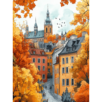 Autumnal European Cityscape Canvas Painting/Wall Art, Perfect for Living Room, Bedroom, Office, Hallway, and Dining Room Decor.