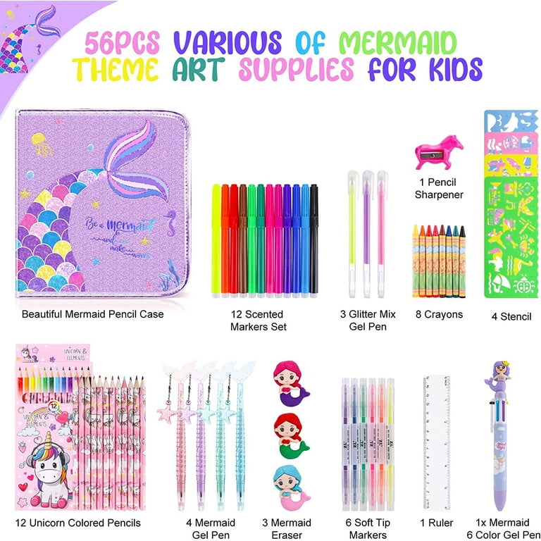 Fruit Scented Markers Set 56 Pcs with Glitter Mermaid Pencil Case &  Stationery, Art Supplies for Kids Ages 4-6-8, Art Coloring Kits Box, Gifts  Toy for Girls Age 5,7,Gel Pen,Pencil&Crayon Drawing Stuff 