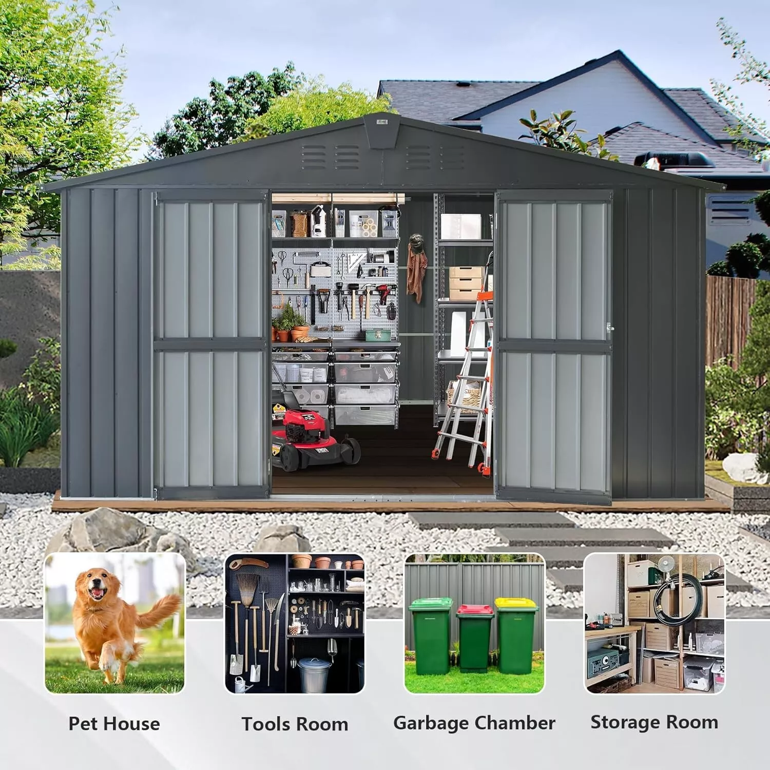Domi Outdoor 11x 12.5FT Storage Shed with Lockable Door , Metal Garden Shed for Backyard, Patio, Lawn for Bike, Trash Can, Tools, Lawn Mowers, Pool Toys(Gray)