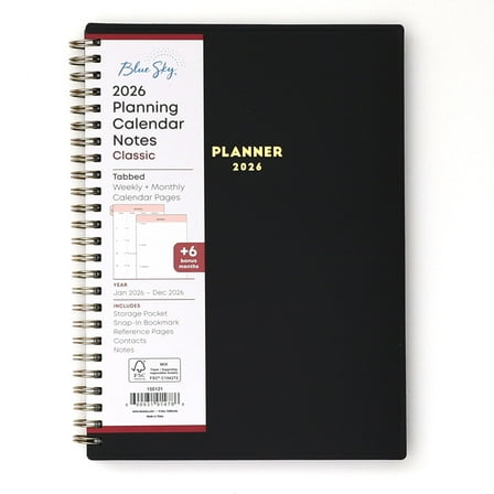 Blue Sky 2026 Weekly and Monthly Planner Calendar, January 2026 - December 2026, 5.875” x 8.625”, Flexible Cover, Storage Pocket, Ruler, Colorful Interior, Includes Extra 30 Sheets of Notes, Black