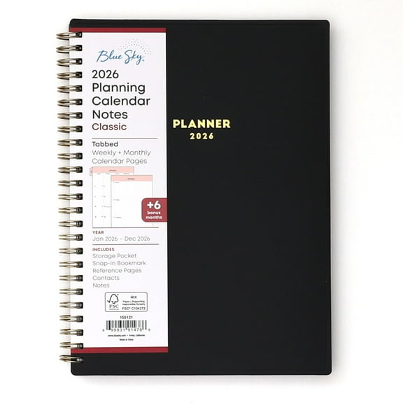Blue Sky 2026 Weekly and Monthly Planner Calendar, January 2026 - December 2026, 5.875” x 8.625”, Flexible Cover, Storage Pocket, Ruler, Colorful Interior, Includes Extra 30 Sheets of Notes, Black