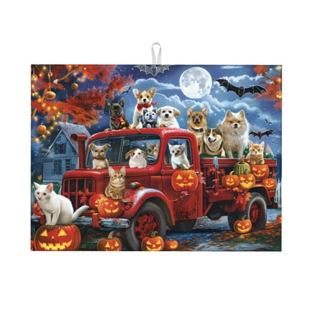 

Cauagu Dish Drying Mat 24*18 inch Absorbent Dish Drainer Kitchen Counter Dish Drying Pad for Countertops Sinks Draining Racks( Halloween Pets Pumpkins)