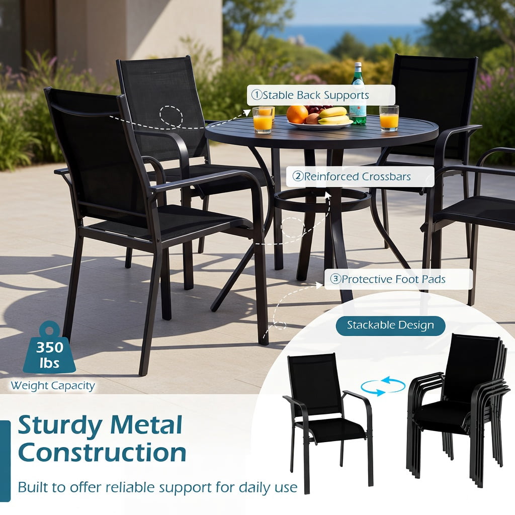 Hommoo Stackable Outdoor Dining Chairs Set of 2, Heavy-Duty Metal Frame Patio Armchairs with Breathable Mesh Back, Black