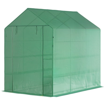 QISHENSHUI Spacious 7' x 5' x 6' Outdoor Walk-In Greenhouse – Equipped with PE Cover, Sturdy Shelves, and Convenient Door for Lush Green Plant Growth