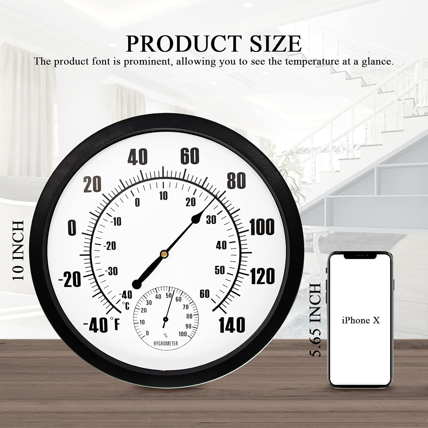 10" Indoor Outdoor Weather Thermometer / Hygrometer for Patio, Wall Decorative, No Battery Needed