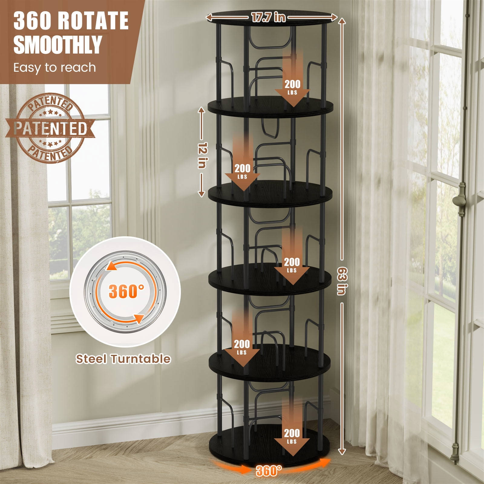Flycity 5 Tier Rotate Bookcases, 360° Display Corner Shelf Spin Bookcases with Special Visible Partition Storage, Black
