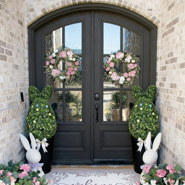 Bunny Boxwood Topiaries Easter Simulation Boxwood Leaf Potted Ornament en Maceta Negra para Entradas, Porches O Pantallas Interiores