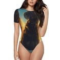 thumbnail image 1 of Bingfone Golden Cloud Winged Dog Pattern Women's Round Neck Bodysuit, Tight Snap Button Short Sleeve Bodysuit, Suitable for Party, Sports, Daily Wear-Small, 1 of 7