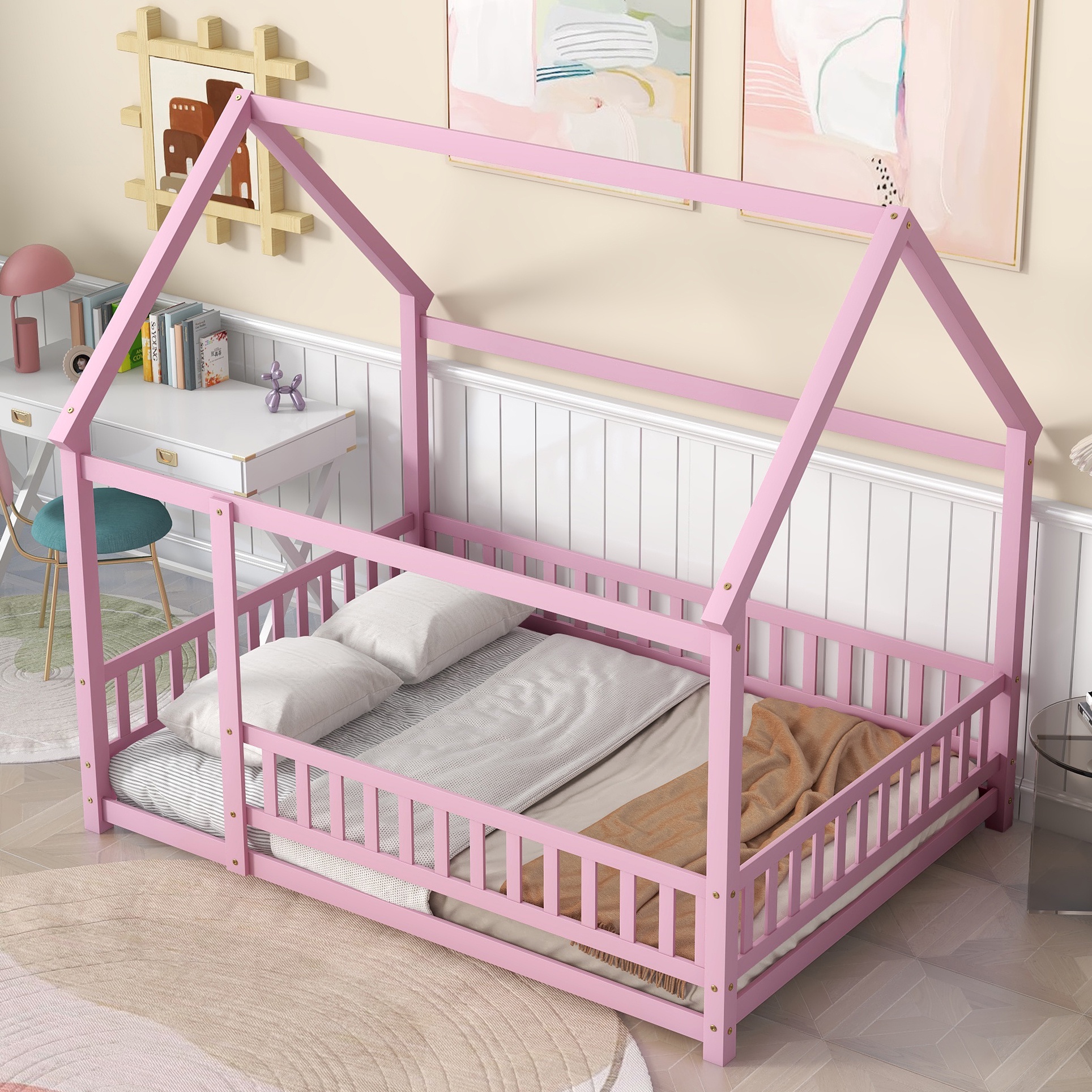 Bellemave Full Floor Bed, Wood Full Size House Bed Frame with Fence, Montessori Floor Bed for Bedroom（Pink)