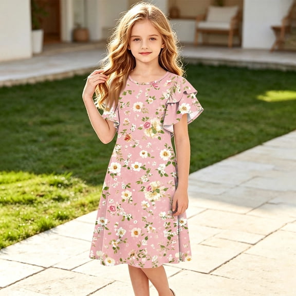 Grblisyd Girls Dresses Size 10-12 Ruffle Short Sleeve Dresses Kids Floral Print Summer Crewneck A Line Casual Sundress